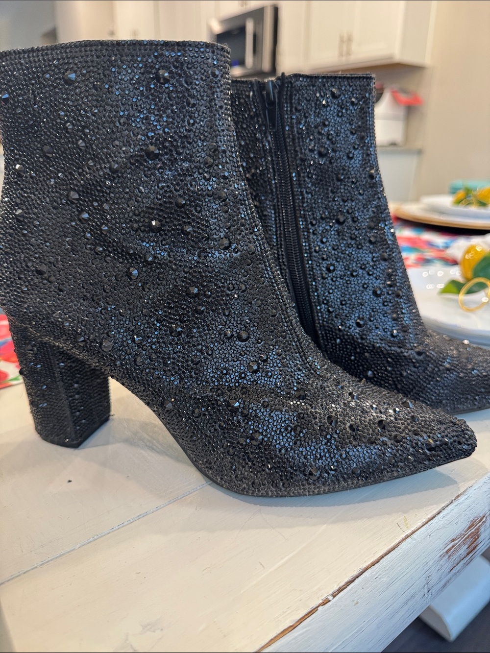 Betsy Johnson Black Crystal Embellished Ankle Boots 8.5